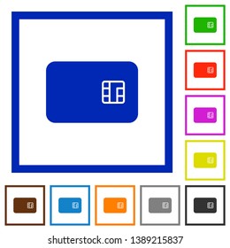 Chip card flat color icons in square frames on white background