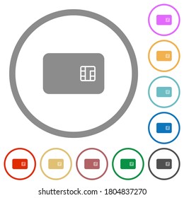 Chip card flat color icons in round outlines on white background