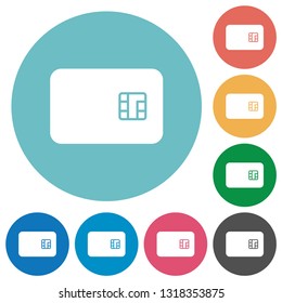 Chip card flat white icons on round color backgrounds