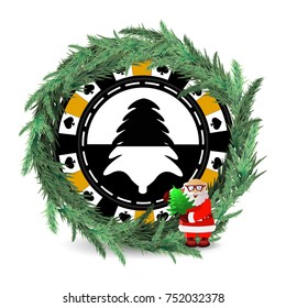 chip casino poker is New Year. Christmas tree and Santa Claus. yellow chip. illustration for your design with a Christmas wreath