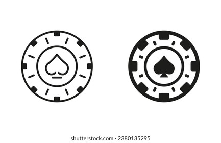 Chip Casino, Vegas Roulette Line and Silhouette Icon Set. Play Coin, Lucky and Risk in Gambling Game Pictogram. Poker Chip. Money Bet, Circle Token Symbol Collection. Isolated Vector Illustration.