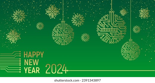 Chip circuit new year 2024 card template with christmas balls, snowflakes. Horizontal greeting card template for IT technologies, technical, electronic, digital, system integration companies.