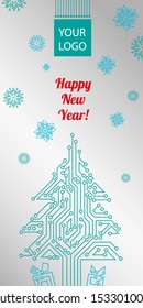 Circuito de papas con tarjeta de año nuevo con árbol de Navidad, regalos y copos de nieve. Tarjeta de felicitación vectorial para tecnologías de TI, empresas de integración de sistemas, técnicas, electrónicas, digitales.