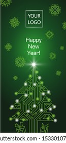 Chip circuit new year card template with christmas tree,gifts and snowflakes. Vector greeting card for IT technologies, technical , electronic, digital, system integration companies.