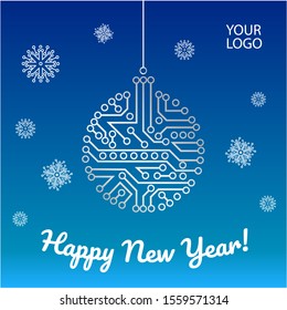 Chip circuit new year card template with ball and snowflakes. Vector greeting card concept for IT technologies, technical , electronic, digital, system integration companies.