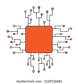 Chip with colored wires and diodes. Mock up. Hand Drawn. Freehand drawing. Sketch.