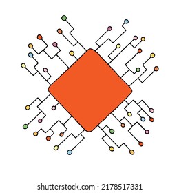 Chip with colored wires and diodes. Mock up. Hand Drawn. Freehand drawing. Sketch.	