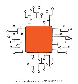 Chip with colored wires and diodes. Mock up. Hand Drawn. Freehand drawing. Sketch.	