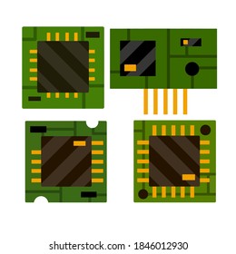 Chip. Computer accessories. Green microchip. The microprocessor and microcircuit icon. Flat illustration. Modern technology