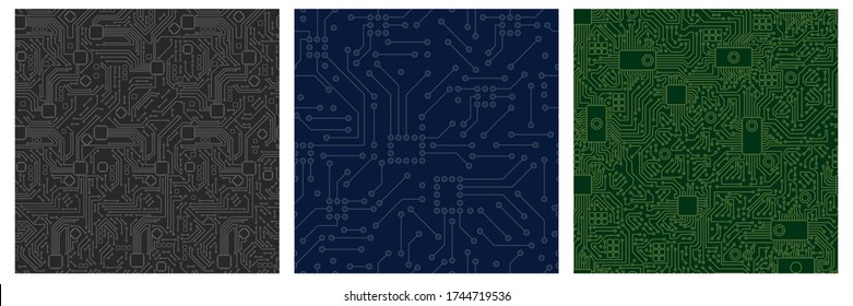 Chip computer board pattern set. Motherboard modern with pattern green blue monochrome abstract vector lines processor chip video card digital graphic engineering of computer equipment.