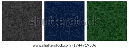 Chip computer board pattern set. Motherboard modern with pattern green blue monochrome abstract vector lines processor chip video card digital graphic engineering of computer equipment.
