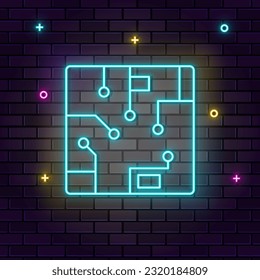 Chip, computer icon , neon on wall. Dark background brick wall neon icon.