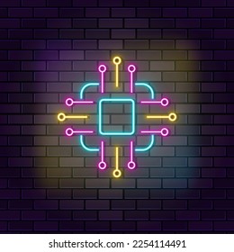 Chip, connection, network neon vector icon on dark wall background. Neon Chip, connection, network vector icon
