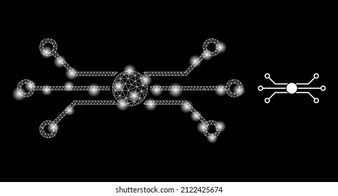 Chip connections icon and constellation mesh net chip connections structure with glossy light spots. Illuminated model is created from chip connections vector icon and triangle mesh.
