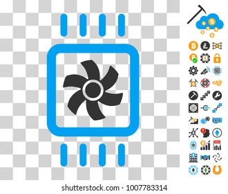 Chip Cooling icon with bonus bitcoin mining and blockchain pictographs. Vector illustration style is flat iconic symbols. Designed for cryptocurrency software.