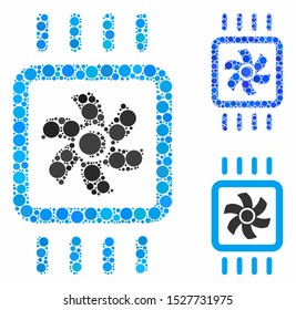 Chip cooling mosaic of small circles in variable sizes and color tinges, based on chip cooling icon. Vector small circles are organized into blue mosaic.