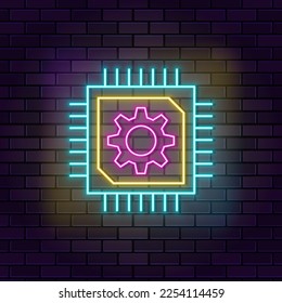 Chip, cpu, hardware neon vector icon on dark wall background. Neon Chip, cpu, hardware vector icon