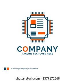 Chip, cpu, microchip, processor, technology Logo Design. Blue and Orange Brand Name Design. Place for Tagline. Business Logo template.