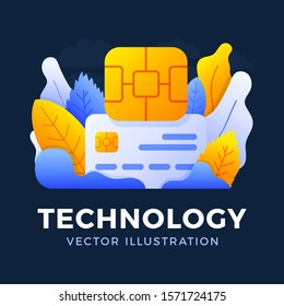 Chip and credit card vector stock illustration isolated on a dark background. The concept of digital technology in the banking sector. EMV chip bank credit card