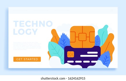 Chip and credit card vector stock illustration isolated on a white background for landing page or presentation . The concept of digital technology in the banking sector. EMV chip bank credit card.
