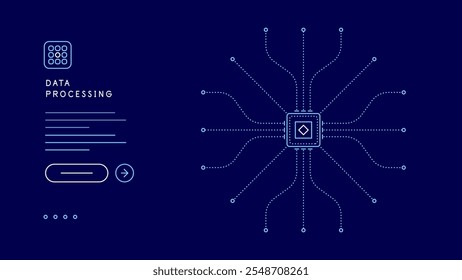 Chip. Data processing algorithms. Data centralisation. Banner, slide, abstract scheme. Vector file.