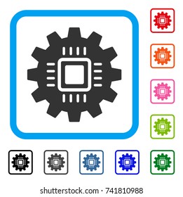 Chip Development Gear icon. Flat gray pictogram symbol inside a light blue rounded rectangular frame. Black, gray, green, blue, red, orange color additional versions of Chip Development Gear vector.