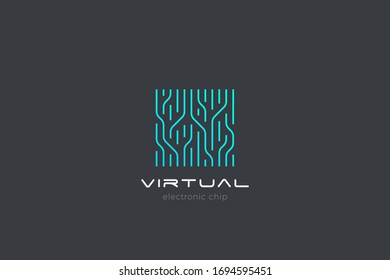 Chip Digital Logo Abstract Artificial Intelligence AI Vector Design Linear Outline Style. Electronics Circuit Square Shape Logotype Icon.