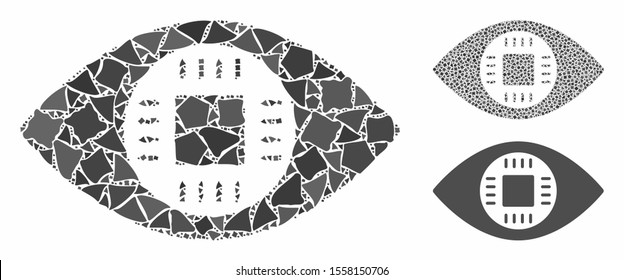 Chip eye lens mosaic of rough elements in various sizes and shades, based on chip eye lens icon. Vector rough elements are organized into collage. Chip eye lens icons collage with dotted pattern.