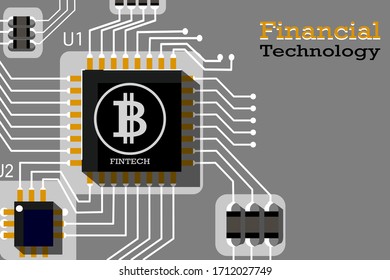 El chip de la tecnología financiera en la tarjeta de circuitos con fondo gris.