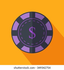 Chip flat design on background. Money win, gambling play, poker game, chance in casino, success gamble, risk or luck, leisure and fortune, lucky recreational illustration