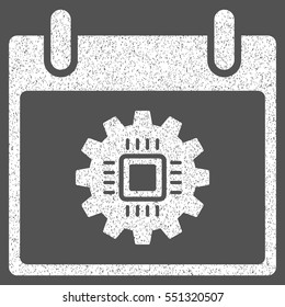 Chip Gear Calendar Day grainy textured icon for overlay watermark stamps. Flat symbol with scratched texture. Dotted vector white ink rubber seal stamp with grunge design on a gray background.