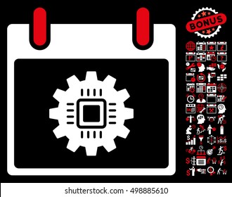Chip Gear Calendar Day pictograph with bonus calendar and time management symbols. Vector illustration style is flat iconic symbols, red and white, black background.