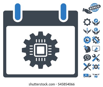 Chip Gear Calendar Day pictograph with bonus setup tools images. Vector illustration style is flat iconic symbols, smooth blue, white background.