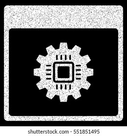 Chip Gear Calendar Page grainy textured icon for overlay watermark stamps. Flat symbol with scratched texture. Dotted vector white ink rubber seal stamp with grunge design on a black background.