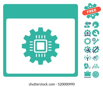 Chip Gear Calendar Page icon with bonus configuration symbols. Vector illustration style is flat iconic symbols, cobalt and cyan, white background.