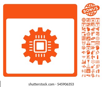 Chip Gear Calendar Page icon with bonus calendar and time management images. Vector illustration style is flat iconic symbols, orange, white background.