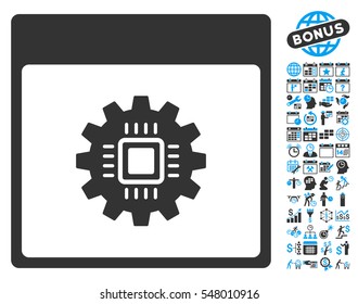 Chip Gear Calendar Page icon with bonus calendar and time management images. Vector illustration style is flat iconic symbols, blue and gray, white background.