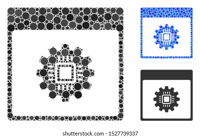 Chip gear calendar page mosaic of circle elements in different sizes and color tinges, based on chip gear calendar page icon. Vector circle elements are composed into blue mosaic.