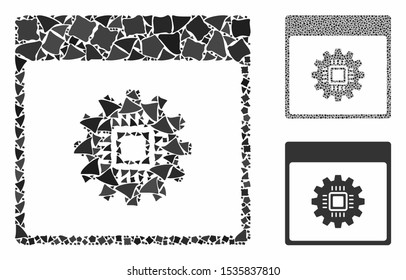 Chip gear calendar page mosaic of rugged parts in different sizes and shades, based on chip gear calendar page icon. Vector unequal parts are combined into collage.