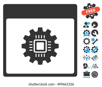 Chip Gear Calendar Page pictograph with bonus options clip art. Vector illustration style is flat iconic symbols, blue and gray, white background.
