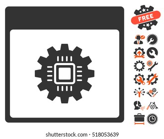 Chip Gear Calendar Page pictograph with bonus tools design elements. Vector illustration style is flat iconic symbols, orange and gray, white background.