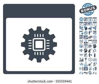 Chip Gear Calendar Page pictograph with bonus calendar and time management images. Vector illustration style is flat iconic symbols, smooth blue, white background.