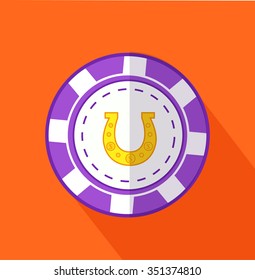 Chip horseshoe flat design on background. Horseshoe game, horseshoe vector, money win, gambling play, chance in casino, success risk, fortune illustration