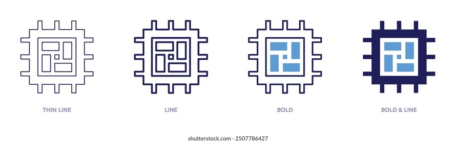 Chip icon in 4 different styles. Thin Line, Line, Bold, and Bold Line. Duotone style. Editable stroke.