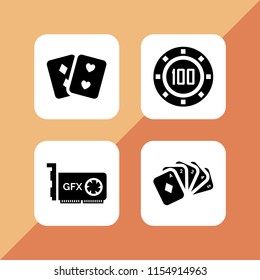 chip icon. 4 chip set with casino token, hardware, straight poker and pair of cards vector icons for web and mobile app