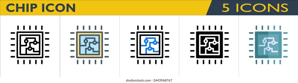 Icono de chip con 5 estilos (contorno, línea de color, contorno de color, sólido y color)