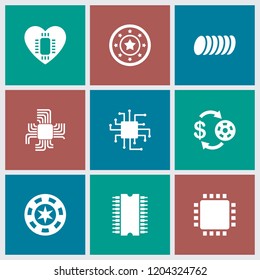 Chip icon. collection of 9 chip filled icons such as cookie, cpu, cpu in heart. editable chip icons for web and mobile.