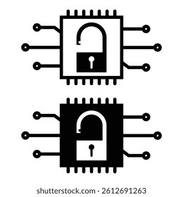 Chip icon design and open key padlock with line art style and bold style