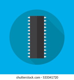 Chip icon in flat design. Simple microchip with long shadow on blue background. Microcircuit flat sign. Vector illustration.