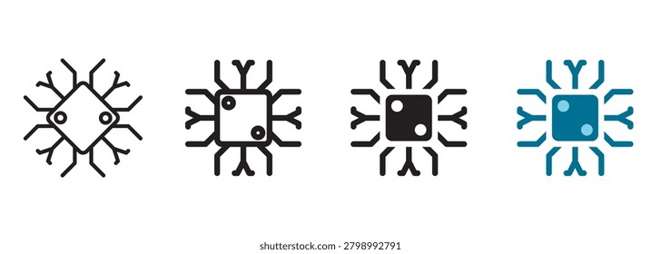 Chip icon with microchip processor square core and branching circuit board traces representing smart factory electronic hardware technology, digital manufacturing computing infrastructure, and tech.